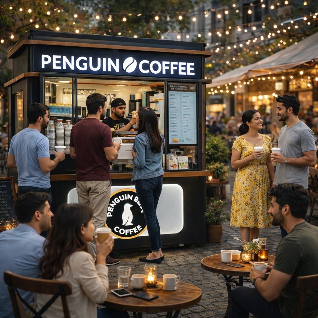 Penguin Bean kiosk in the evening