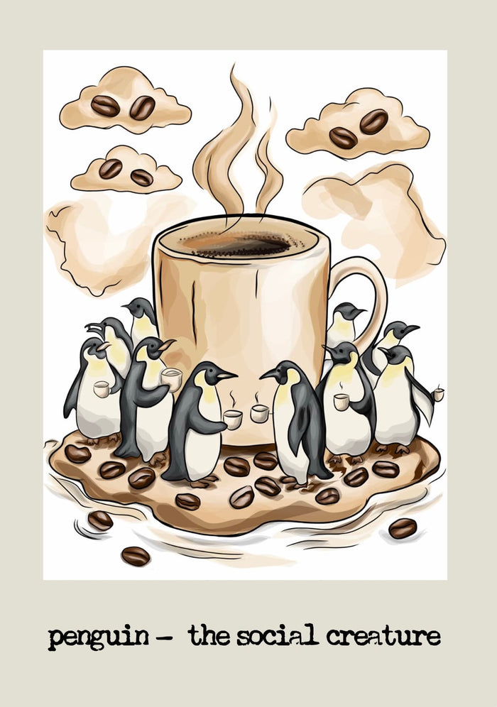 Penguins around a coffee mug