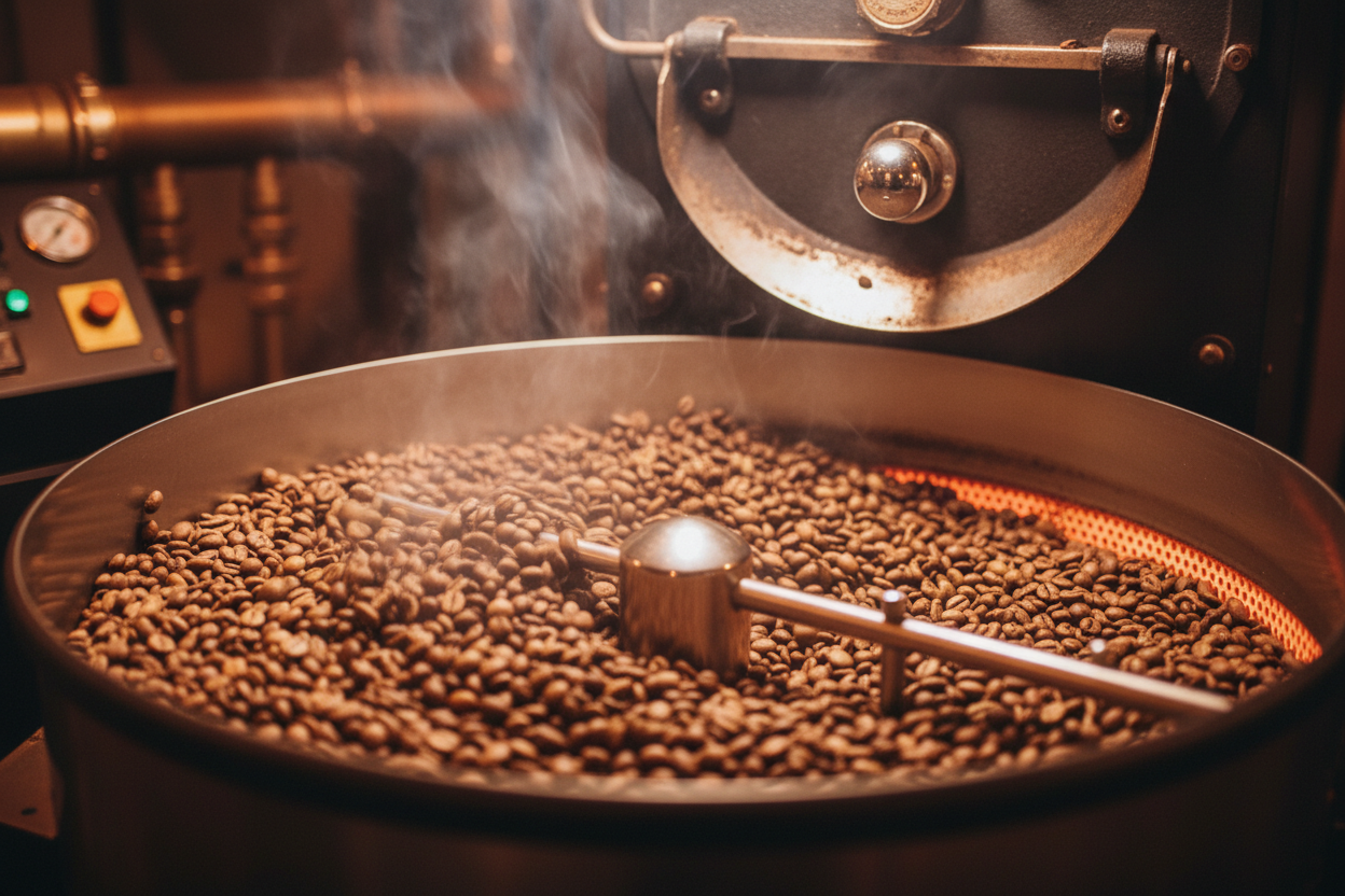 Beans roasting in the roastery